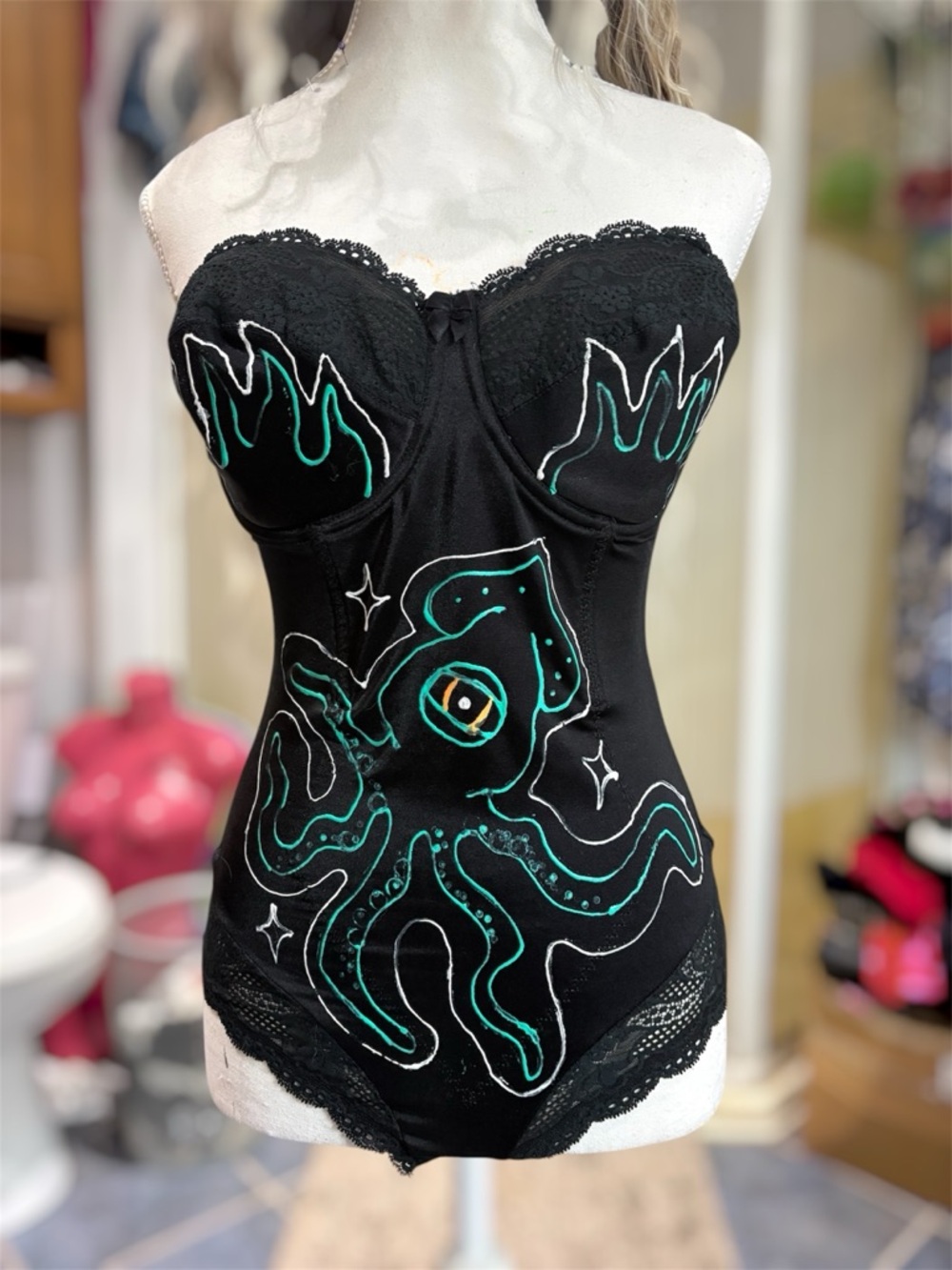 Hand-Painted Black Lace trim Bodysuit with Teal Octopus and matching hat